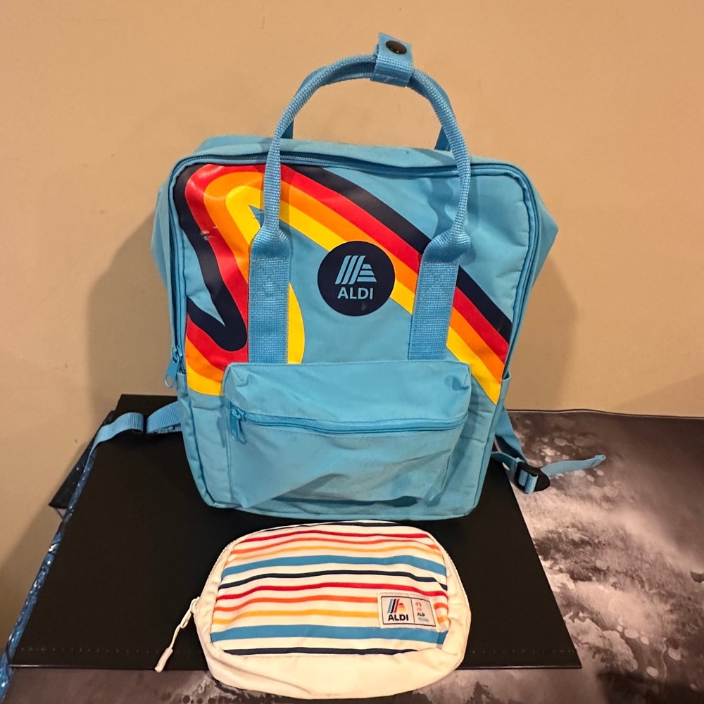 Aldi Gear Retro Rainbow Swirl Backpack and Striped Belt Bag Set Blue White
